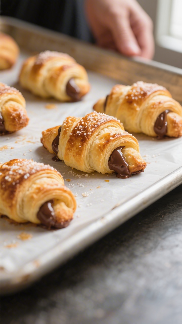 Cooking process close-up: Golden-baking Nutella crescent roll bites on a parchment-lined sheet pan a