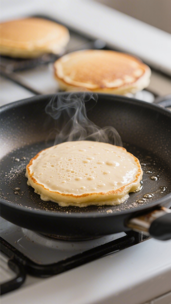 Cooking process close-up: Protein powder pancake batter portion (1/4-cup round) sizzling on a nonsti