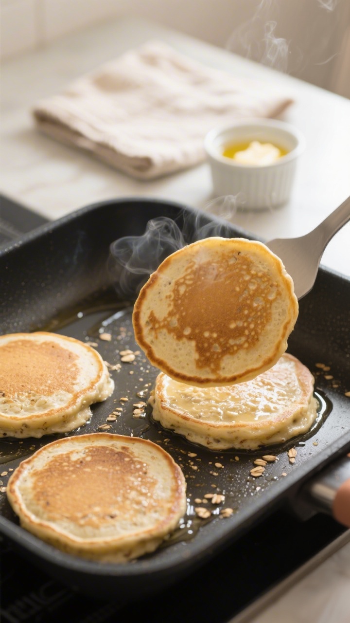 Cooking process shot: Medium-close shot of protein banana oat pancakes on a nonstick griddle at medi