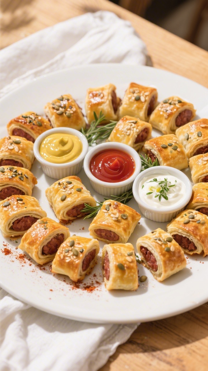 Final dish/overhead presentation: Top-down shot of bite-sized mini protein sausage rolls arranged in