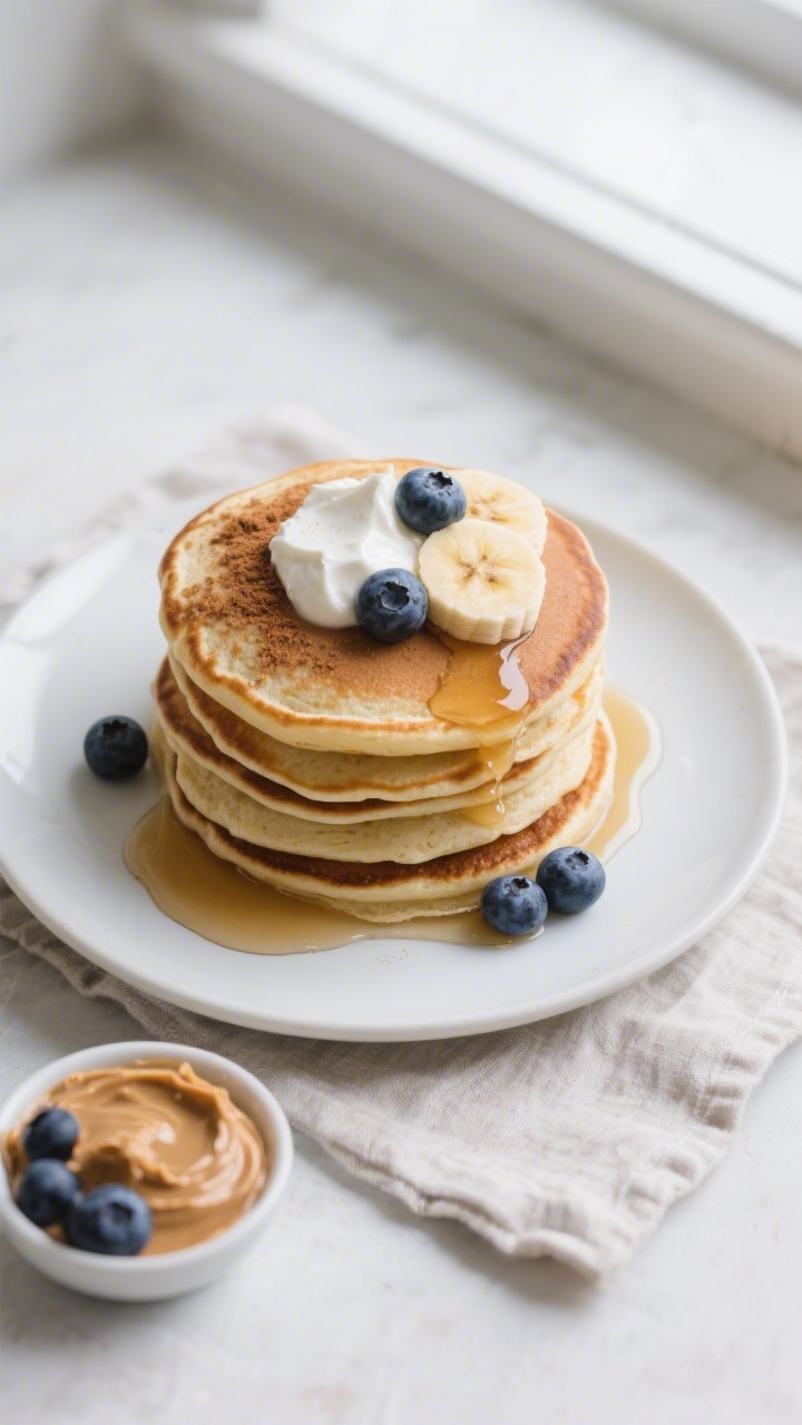Final dish, : Overhead shot of a stacked plate of fluffy protein pancakes, evenly golden with tender
