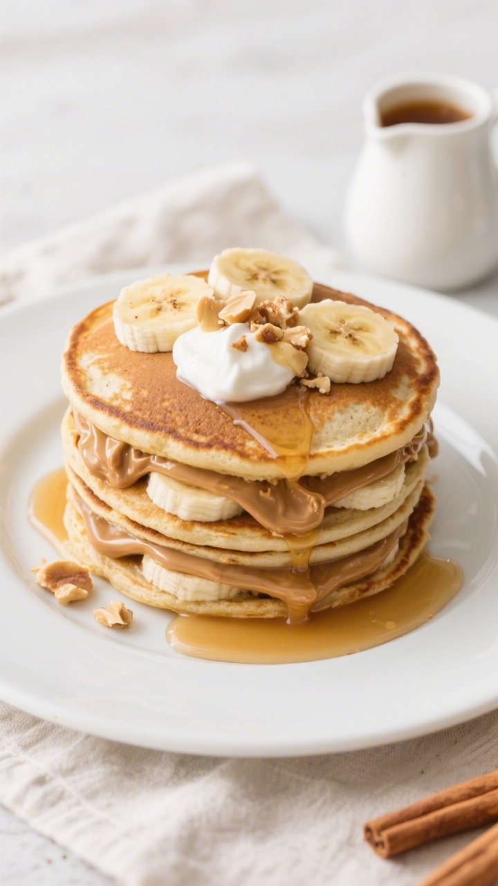 Final dish, tasty top view: Overhead shot of a neatly stacked plate of stuffed peanut butter–banan