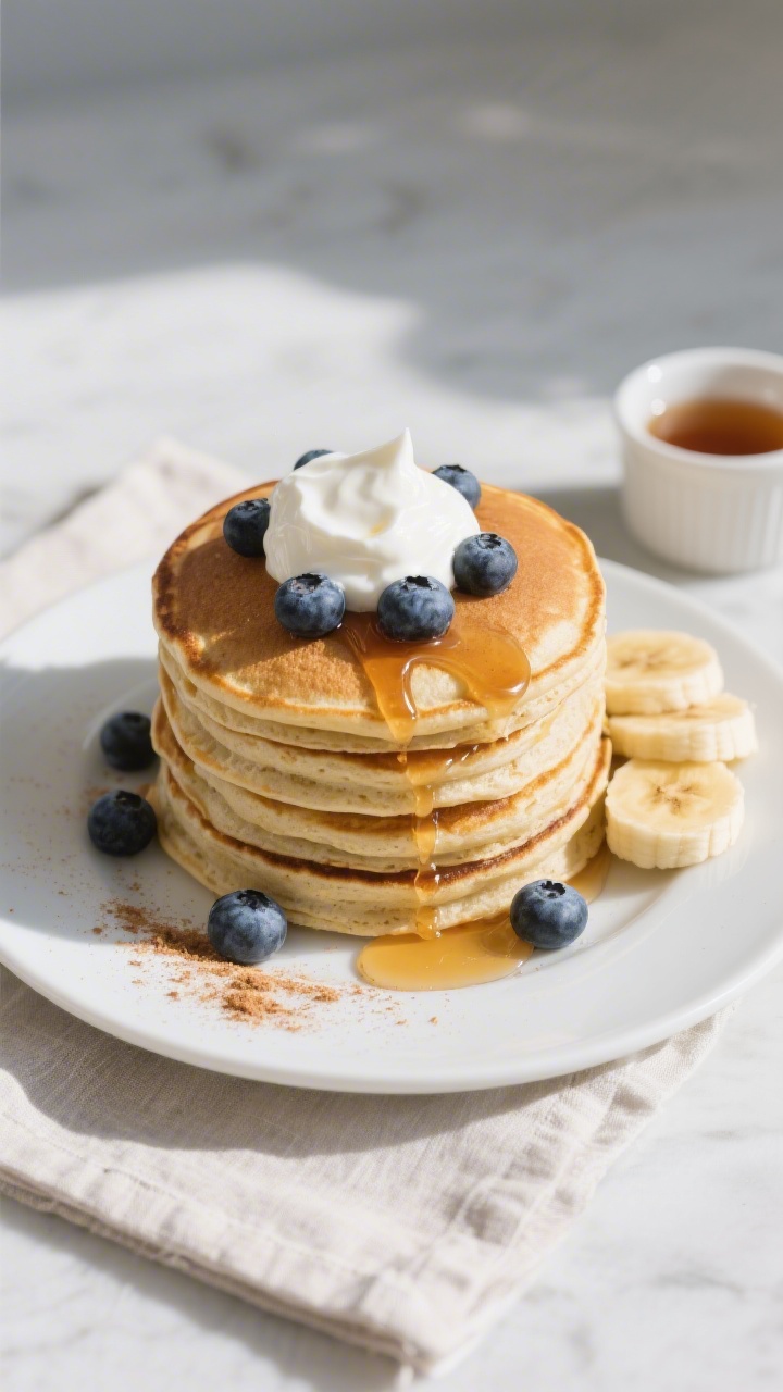 Final dish, tasty top view: Overhead shot of a tall stack of fluffy gluten-free protein pancakes on