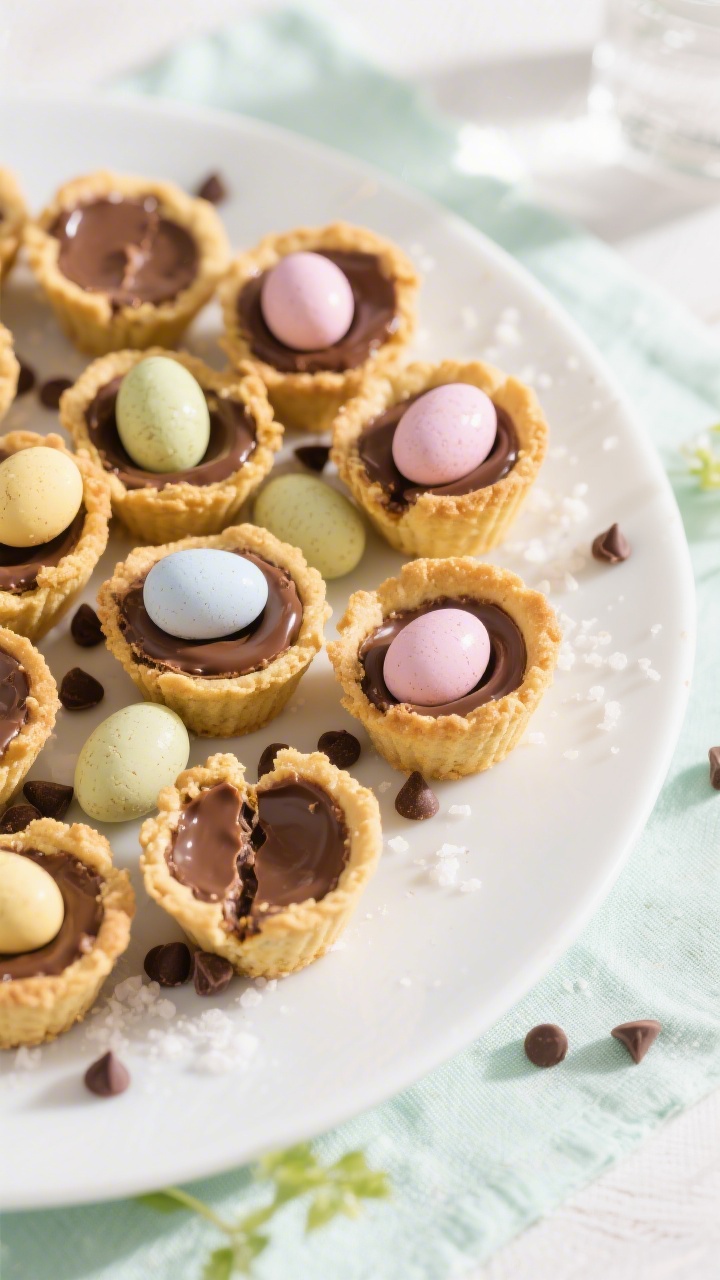 Final dish, tasty top view: Overhead shot of a white platter piled with Stuffed Mini Egg Cookie Cups