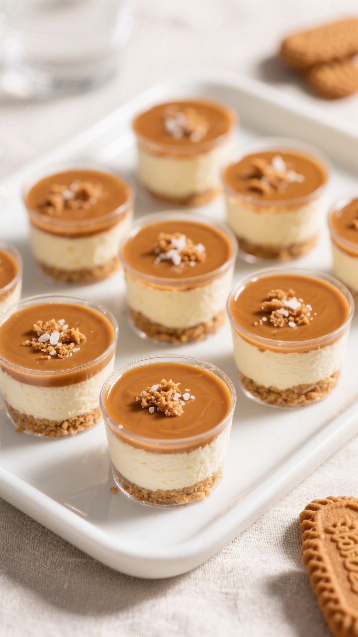 Final dish, tasty top view: Overhead shot of finished no-bake Lotus Biscoff cheesecake cups with a g