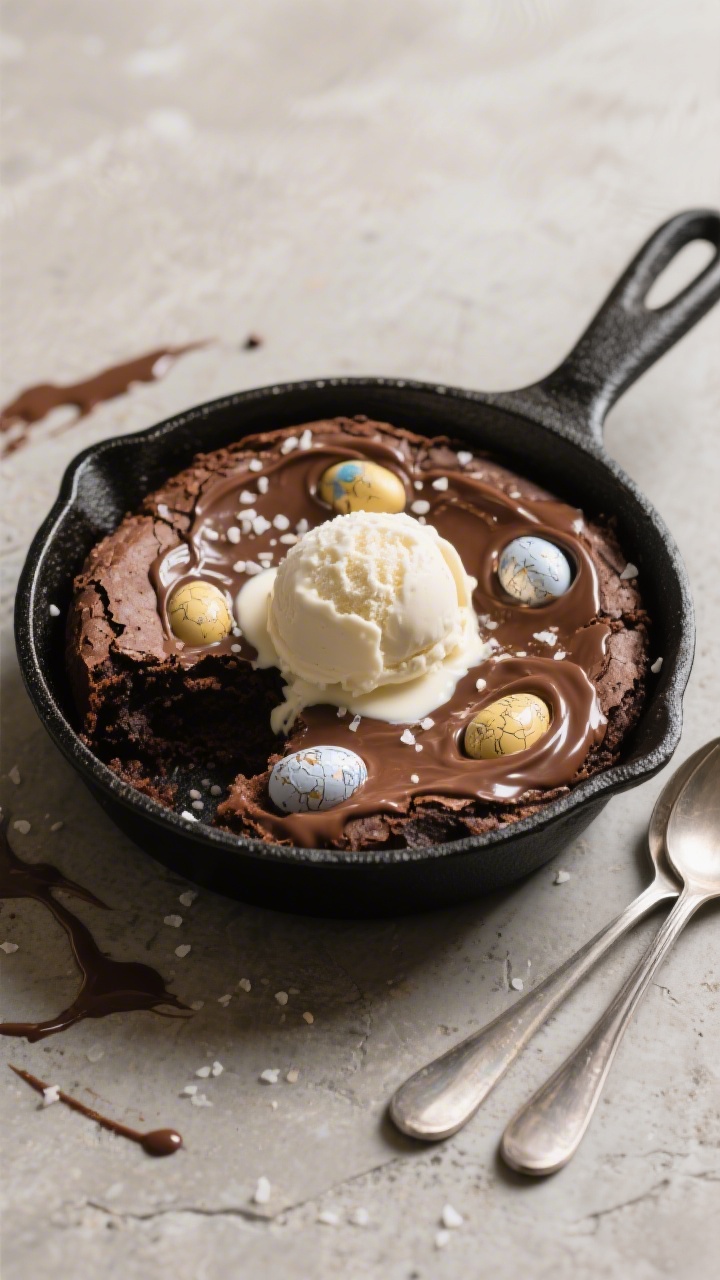 Final dish, tasty top view: Overhead shot of the Creme Egg Brownie Skillet served warm, a generous s