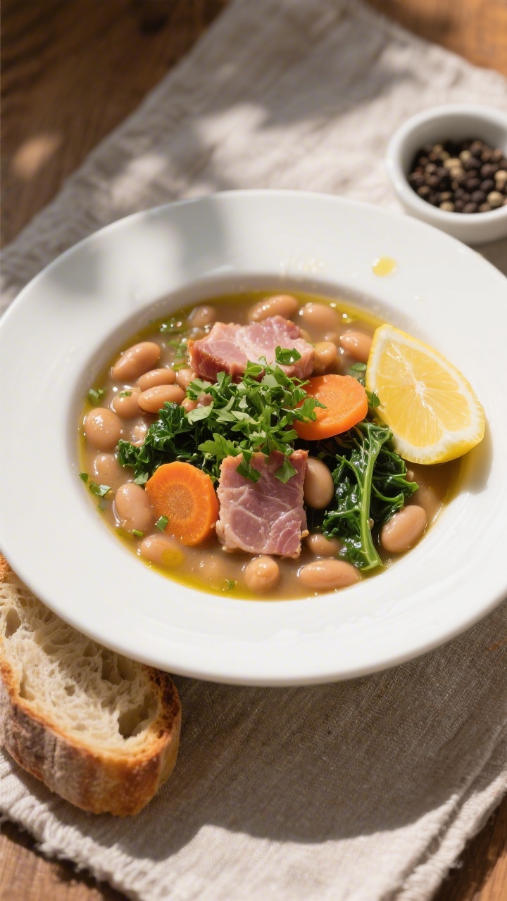 Final plated overhead: High-Protein Ham & Bean Soup ladled into a wide white bowl, topped with chopp