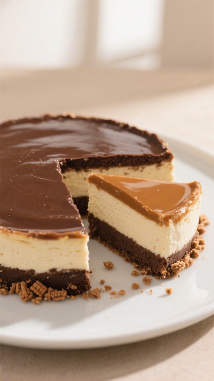 Final plated, overhead: Overhead shot of a fully chilled and unmolded Biscoff Brownie Cheesecake wit