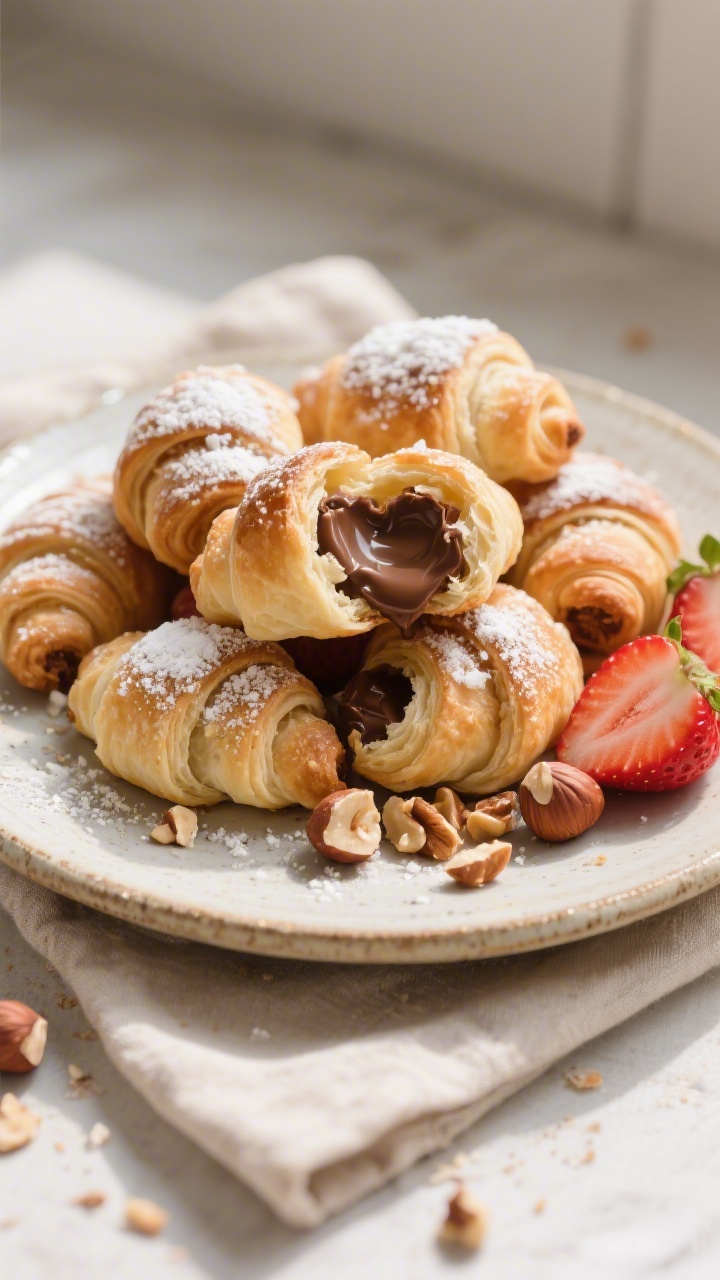 Final plated overhead: Overhead shot of a rustic ceramic plate piled with warm Nutella Crescent Roll