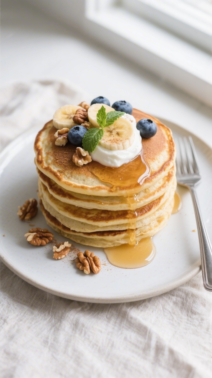 Final plated overhead: Overhead top-view of a tall stack of golden protein banana oat pancakes on a 