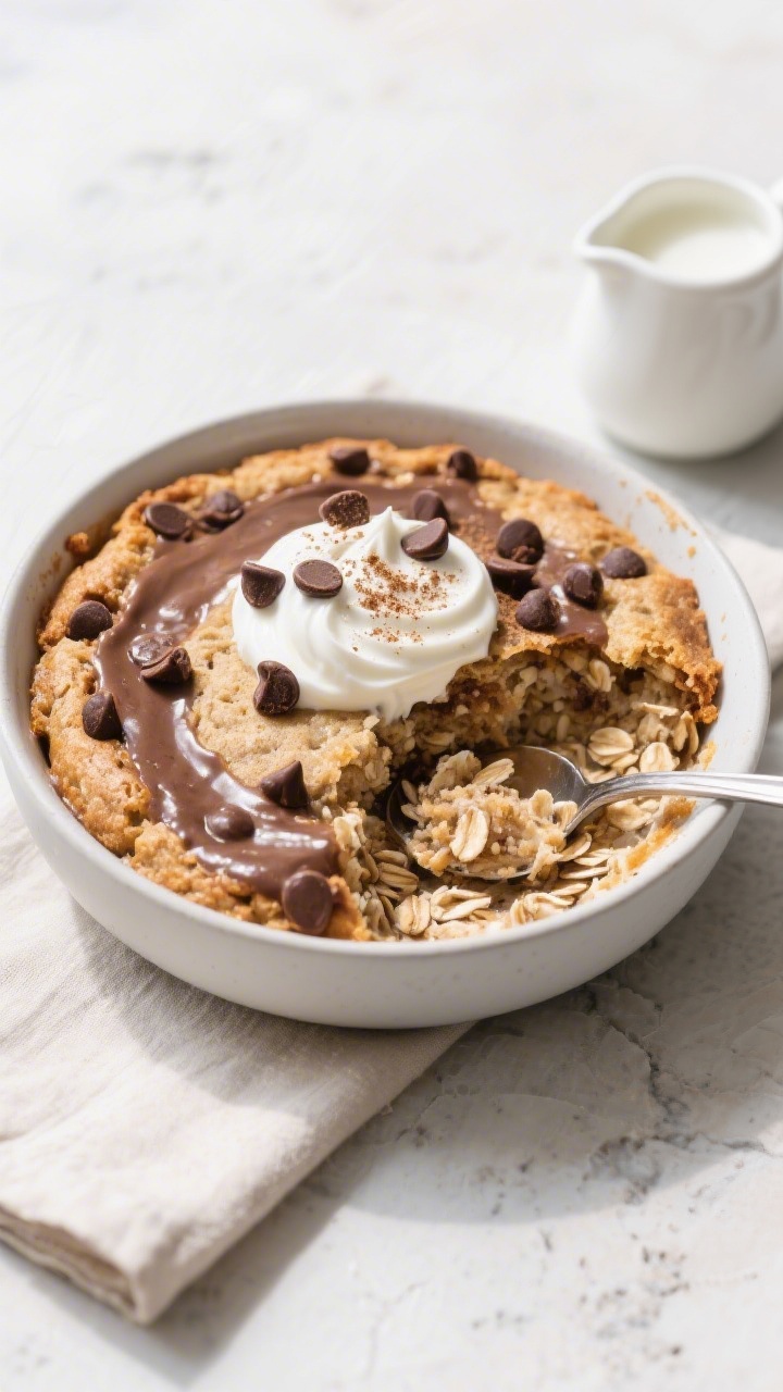 Final plated overhead shot: Overhead, top-down image of the baked chocolate chip protein breakfast b