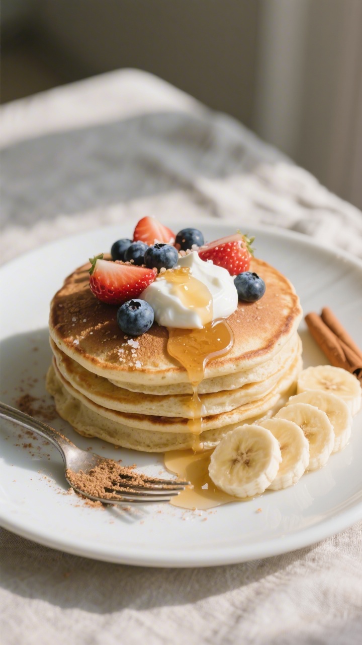 Final plated overhead: Stack of light, fluffy protein powder pancakes on a matte white plate, topped