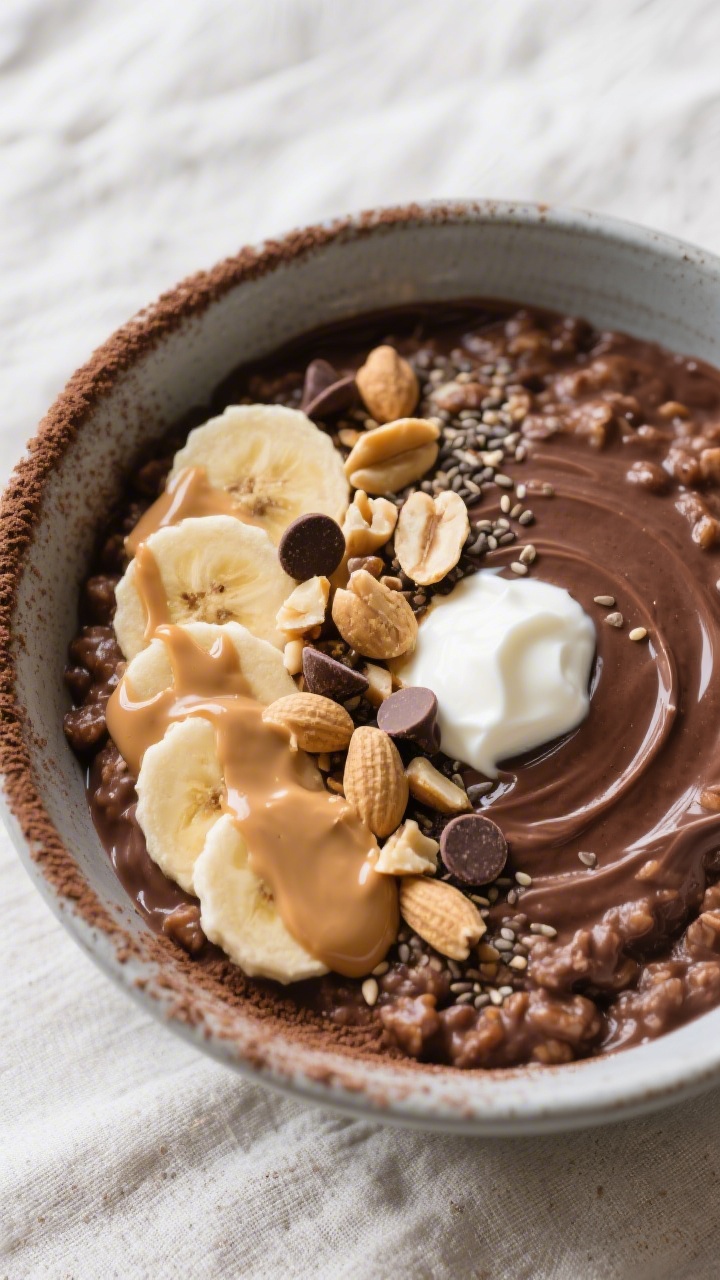 Final plated overhead: Tasty top-down shot of a bowl of Chocolate Peanut Butter Protein Oatmeal with