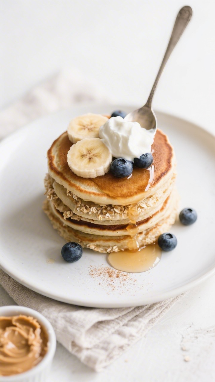Final plated overhead: Tasty top-down shot of a neatly stacked tower of Greek-yogurt protein pancake