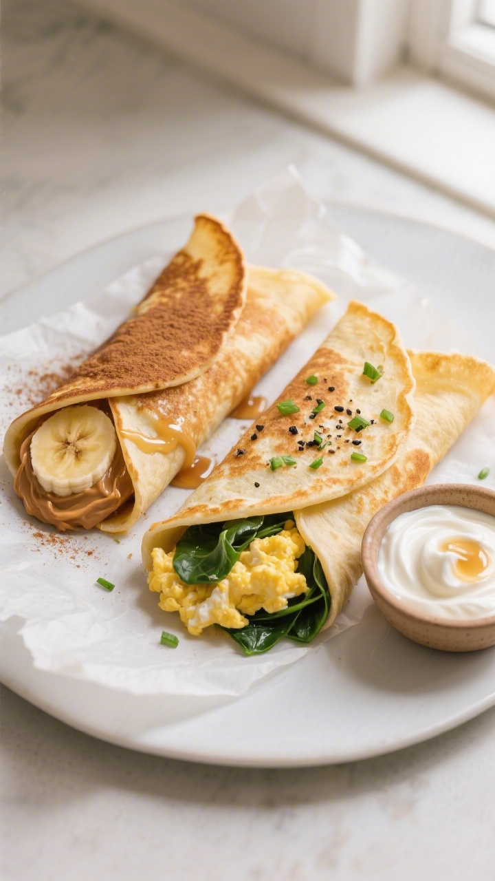 Final plated overhead: Tasty top-view of two rolled cottage cheese pancake wraps—one sweet and one