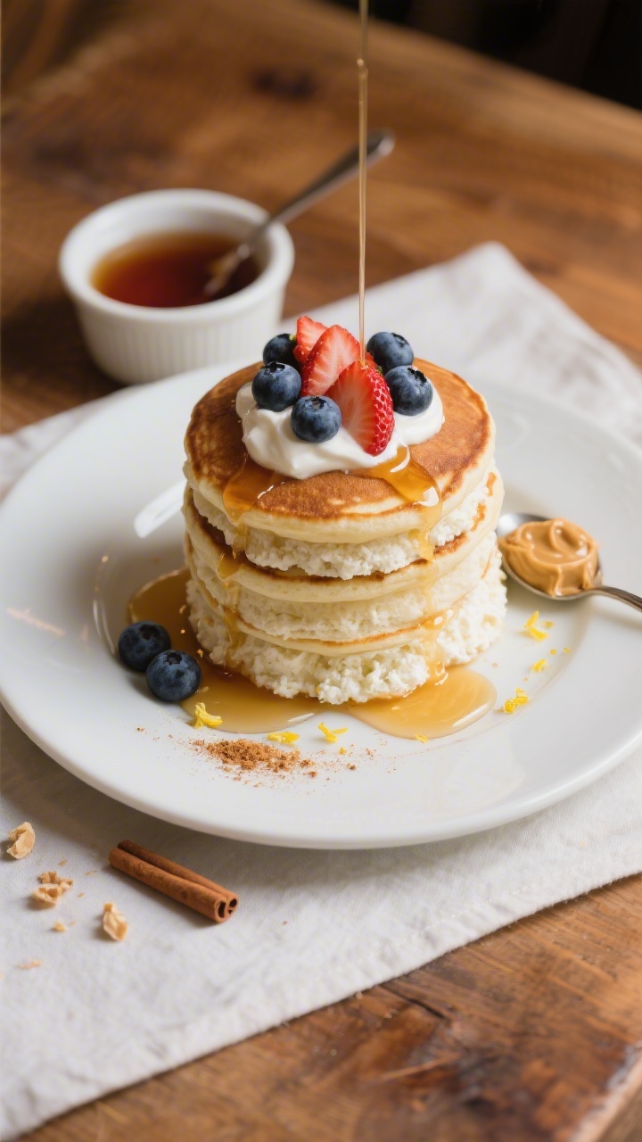 Final plated, tasty top-view: Overhead shot of a tall stack of ultra-fluffy cottage cheese pancakes