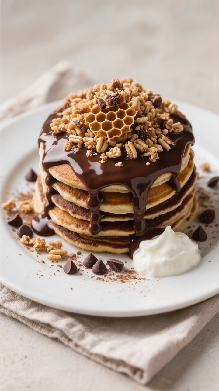 Final plated, tasty top-view: Overhead shot of a tall stack of Chocolate Crunchie Protein Pancakes o