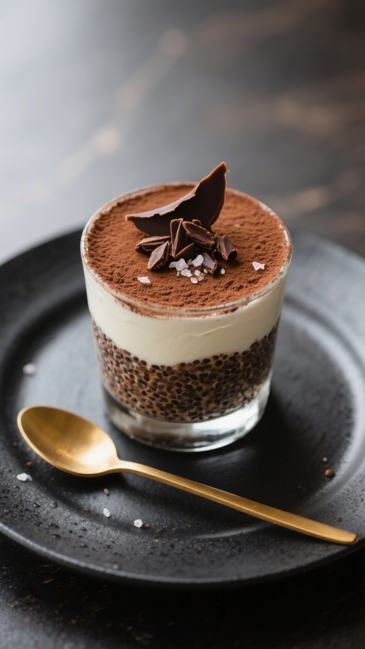Final plated top-down shot: Overhead view of a layered High-Protein Tiramisu Chia Pudding in a short