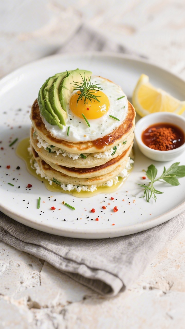 Final plated, top view: Overhead shot of savory cottage cheese protein pancakes stacked on a matte w