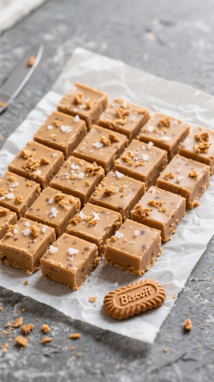 Final presentation top view: Overhead shot of neatly sliced Biscoff fudge squares arranged in a tigh