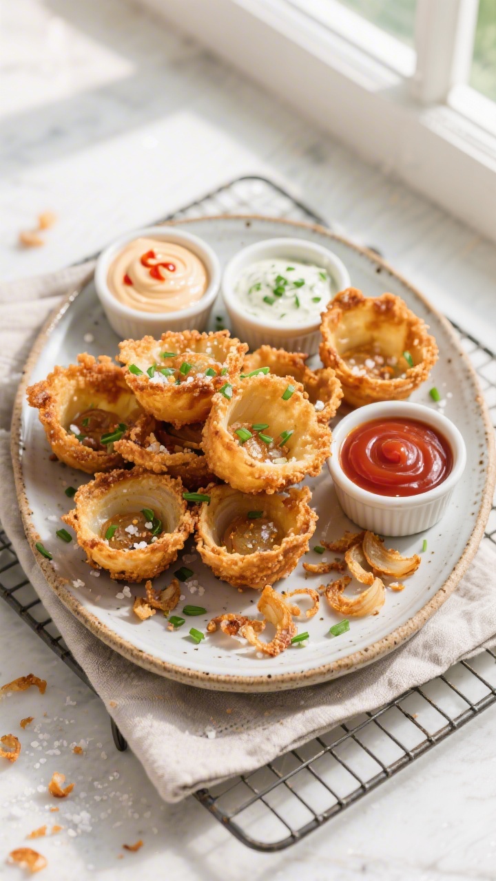Overhead final presentation: a rustic ceramic platter piled with Crispy Onion Boil Snack Cups, crisp