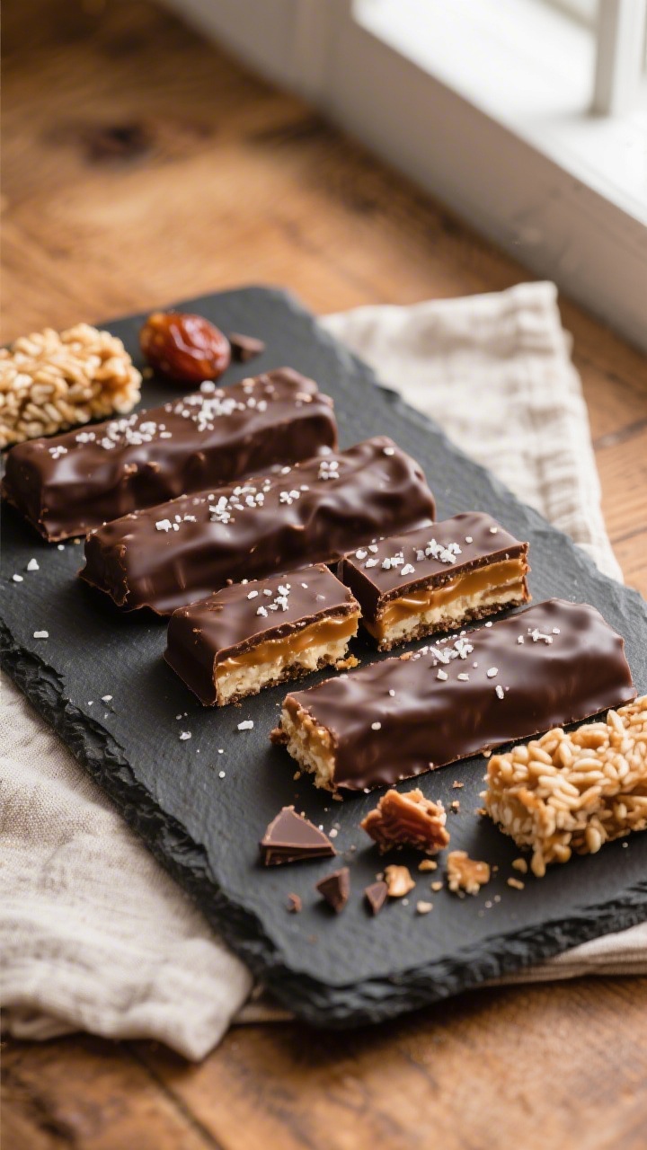 Overhead final presentation: A slate board with neatly arranged finished Homemade Mars Bar Protein B