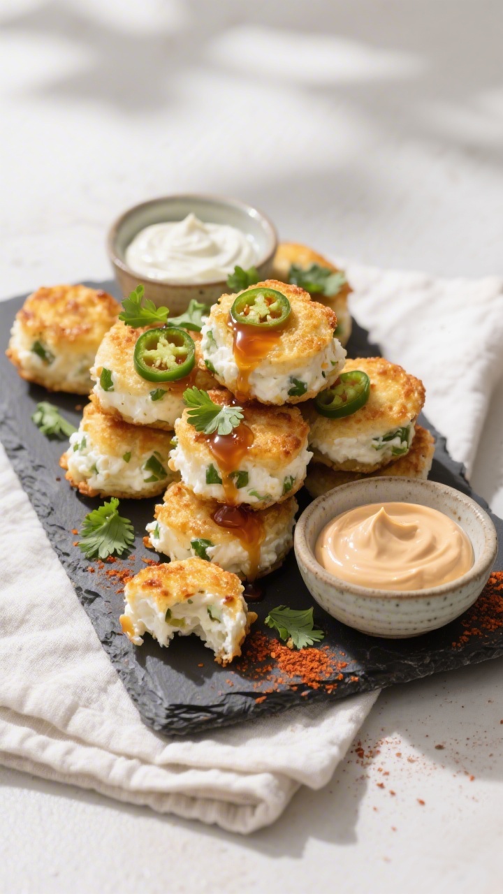Overhead final presentation: A slate platter piled with Cottage Cheese Jalapeño Popper Bites arrang