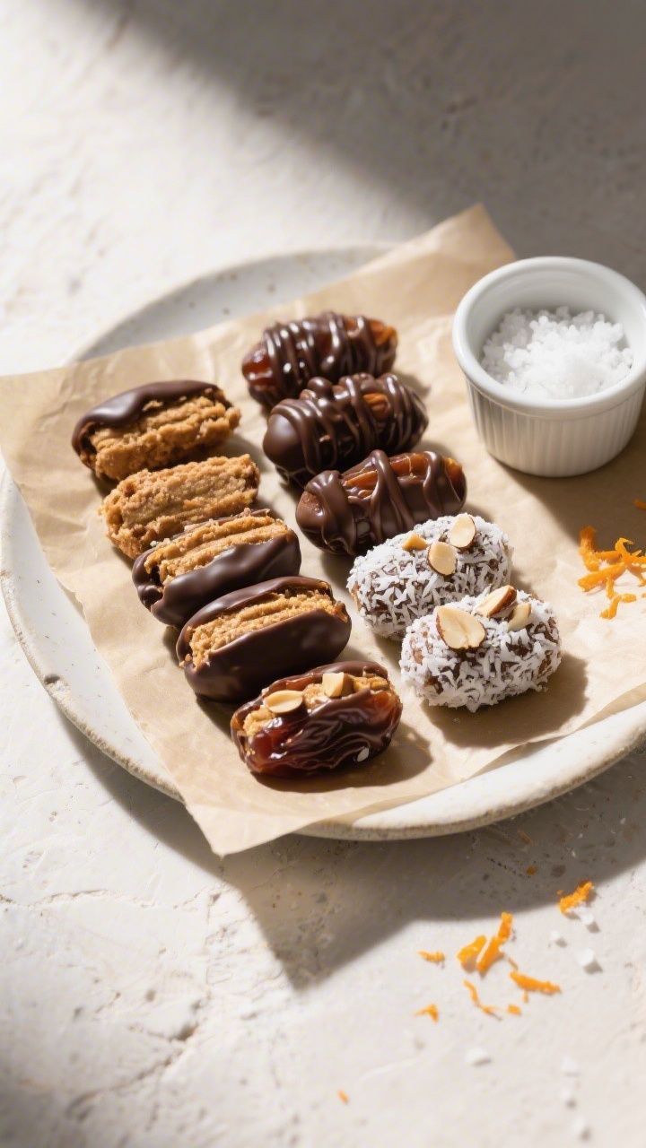 Overhead final presentation: a small platter of assorted Biscoff-stuffed dates arranged neatly—som