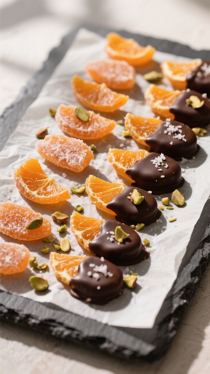 Overhead final presentation: Dark chocolate–dipped candied orange peels neatly lined on a parchmen