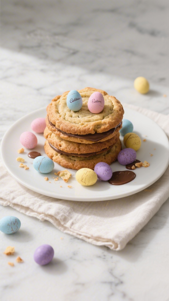 Overhead final presentation of 3–4 oversized Cadbury Mini Egg NYC cookies stacked and slightly ove