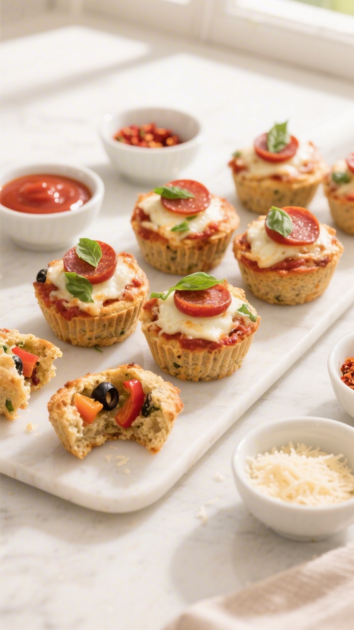 Overhead final presentation of a party-ready platter of mini gluten-free pizza muffins on a matte wh
