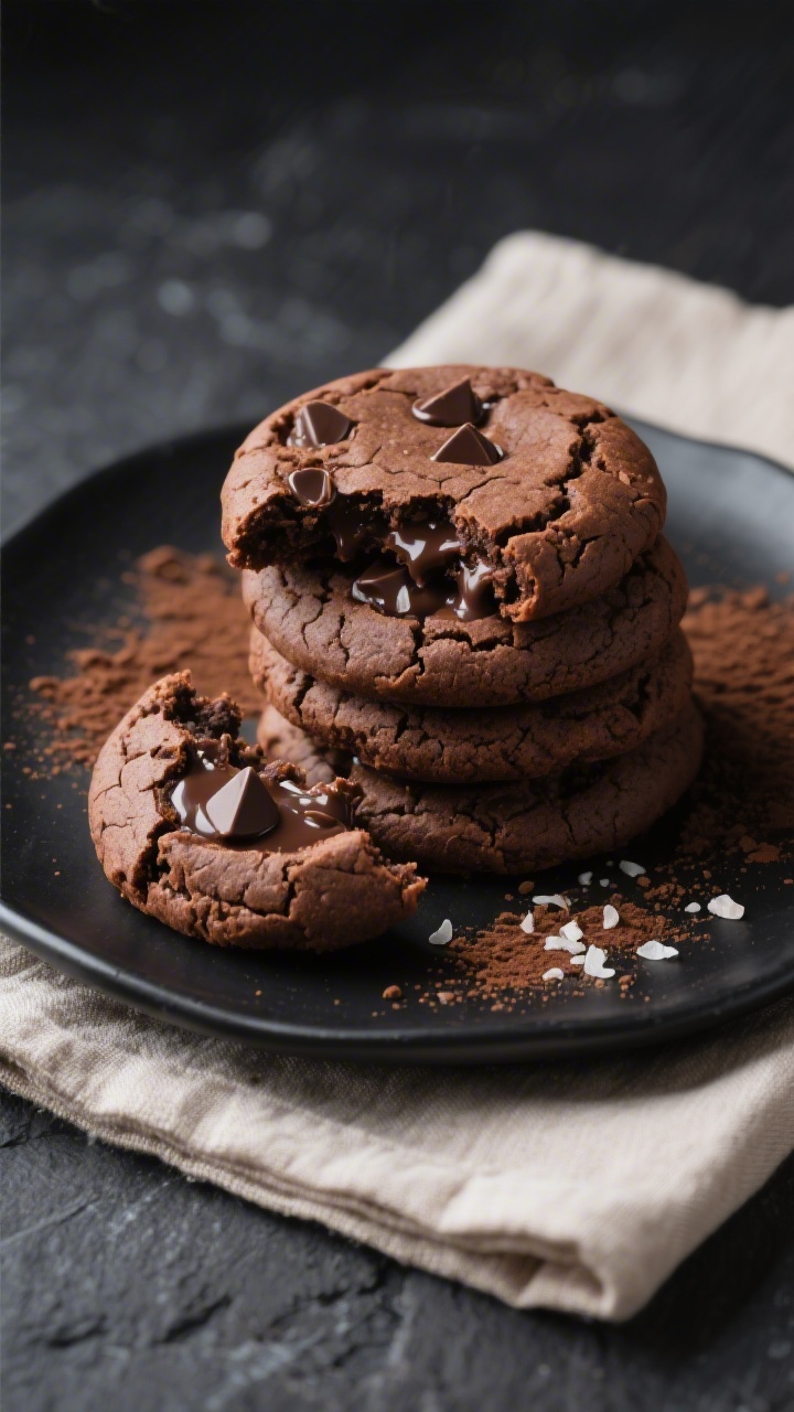 Overhead final presentation of a small stack of Flourless Nutella Brownie Cookies on a matte black p