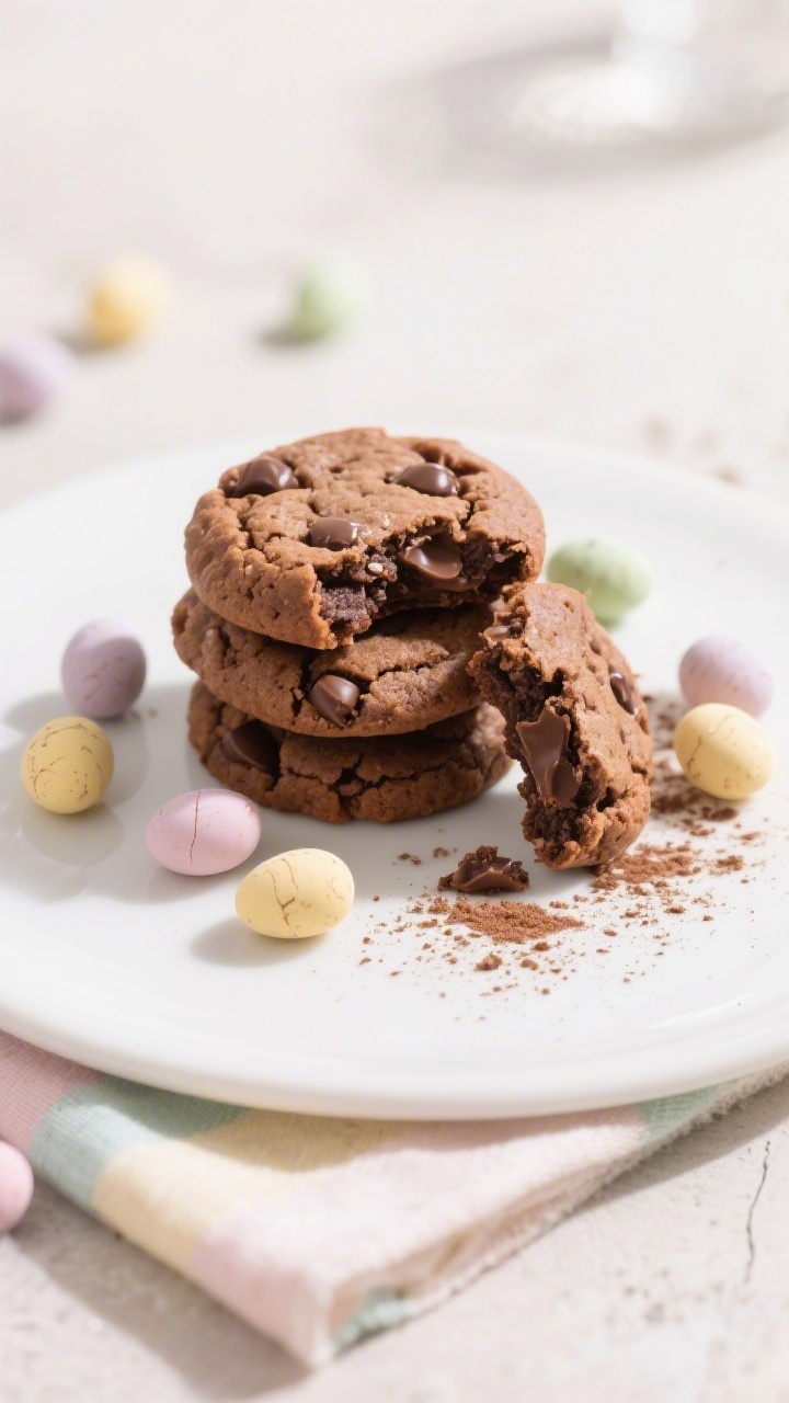 Overhead final presentation of a small stack of Mini Egg Brownie Cookies on a matte white plate, ext