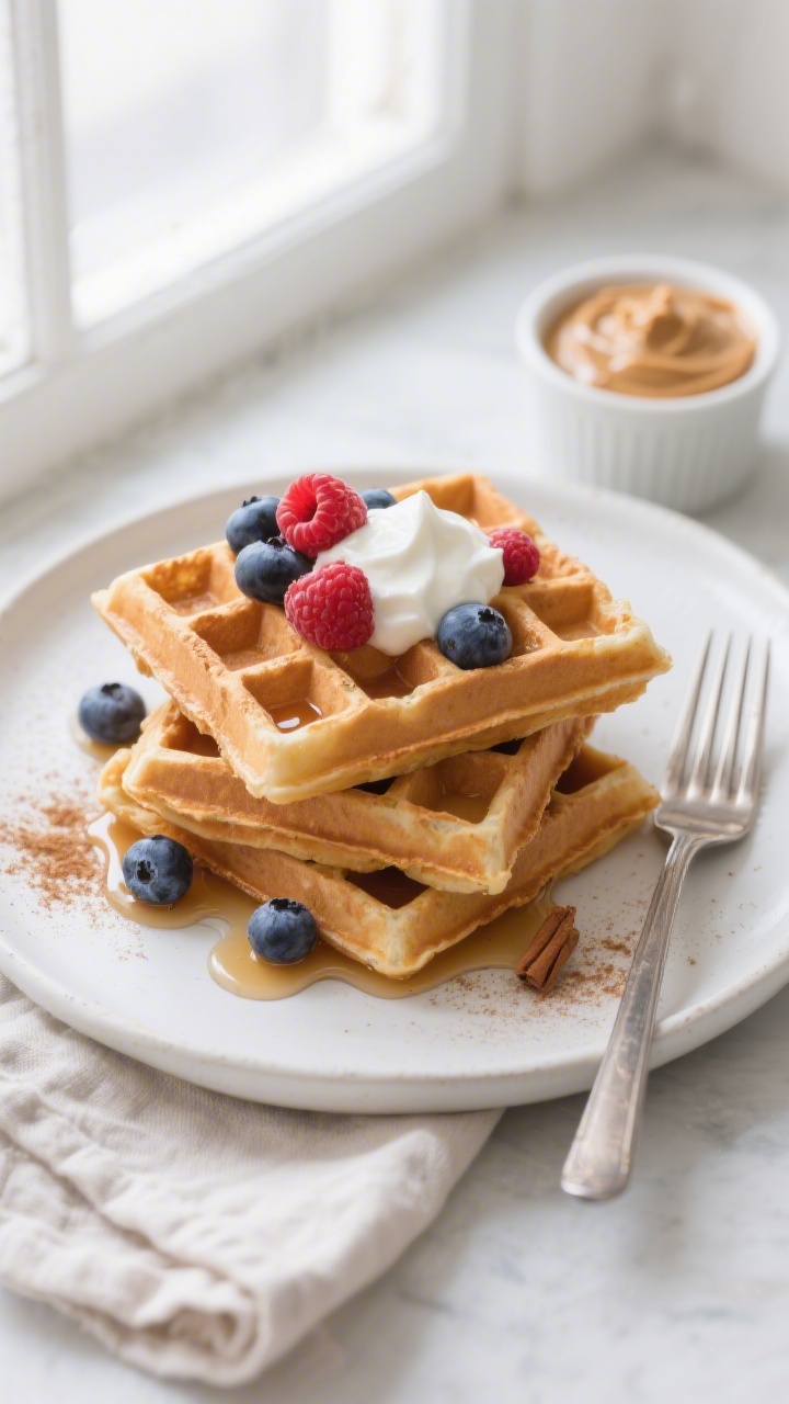 Overhead final presentation of a stack of Greek yogurt protein waffles on a matte white plate: deepl