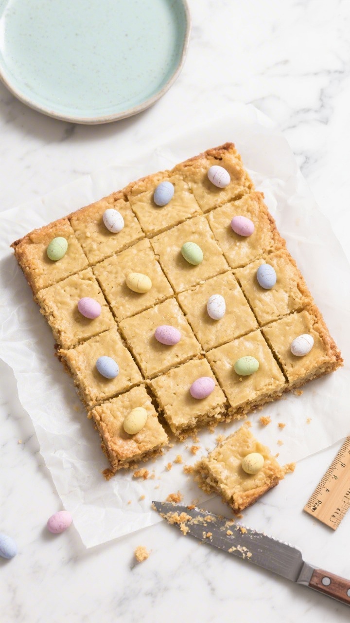 Overhead final presentation of an 8-inch slab of gluten-free Mini Egg blondies on parchment, topped 