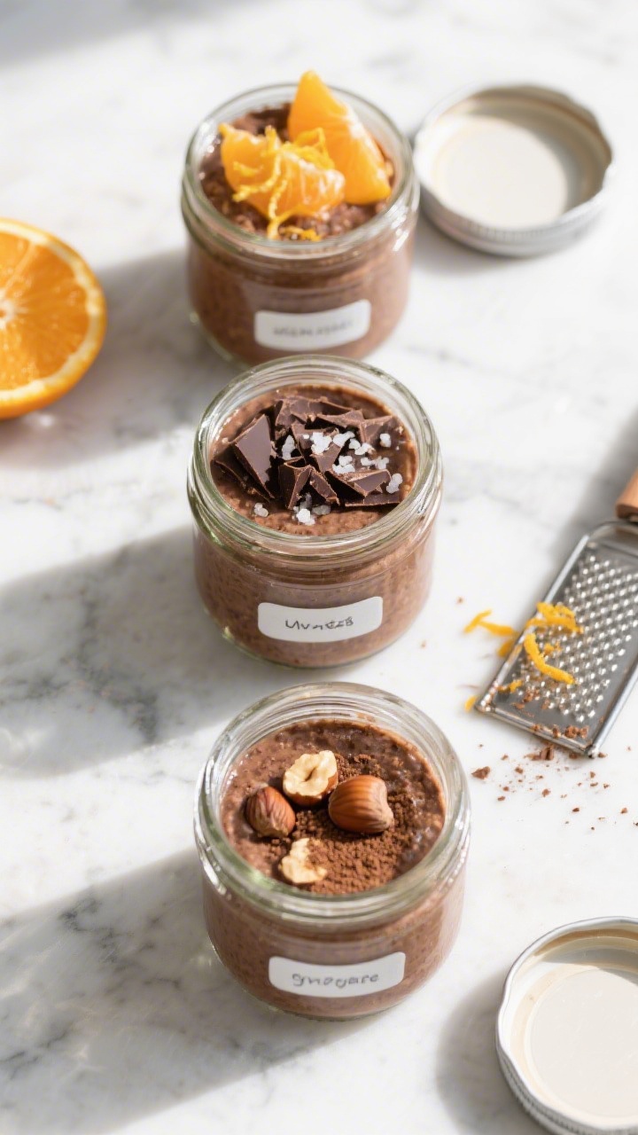 Overhead final presentation of grab-and-go jars for meal prep: three glass jars filled with chocolat