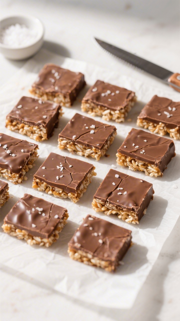 Overhead final presentation of sliced Gluten Free Mars Bar Rice Krispie Squares arranged in a neat g