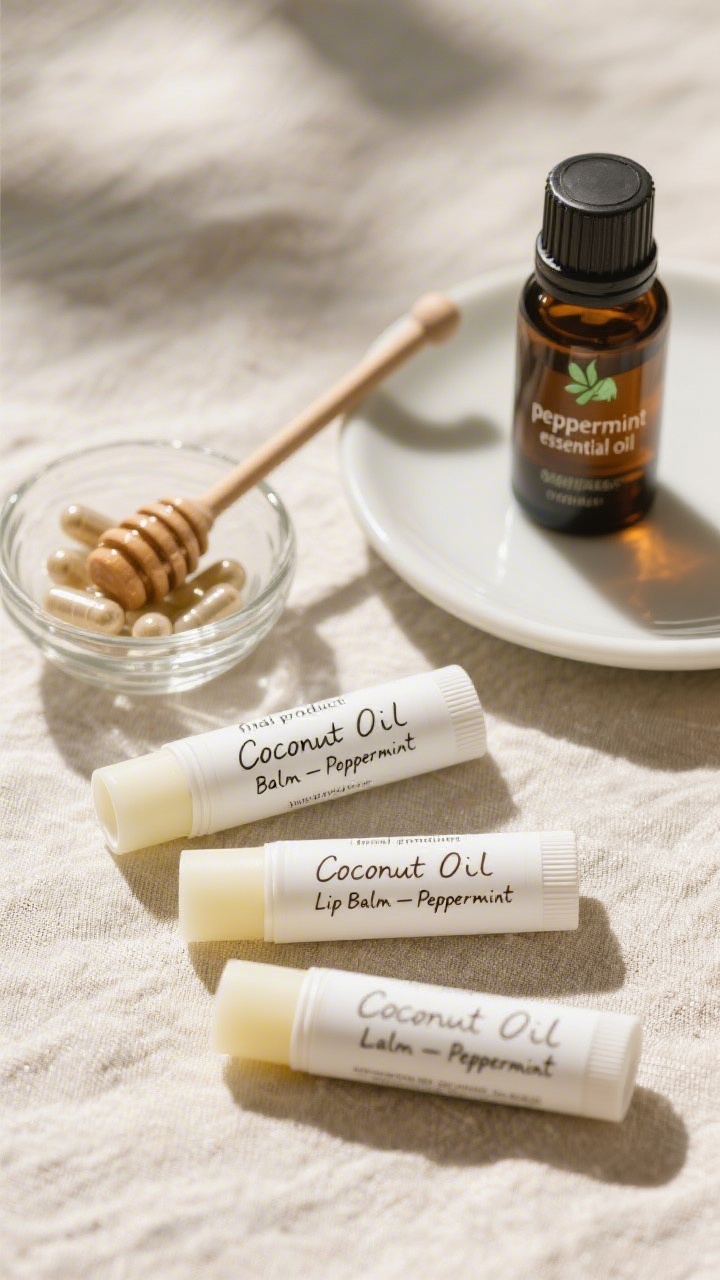 Overhead “final product” shot of a neat trio of finished coconut oil lip balm tubes and tins wit