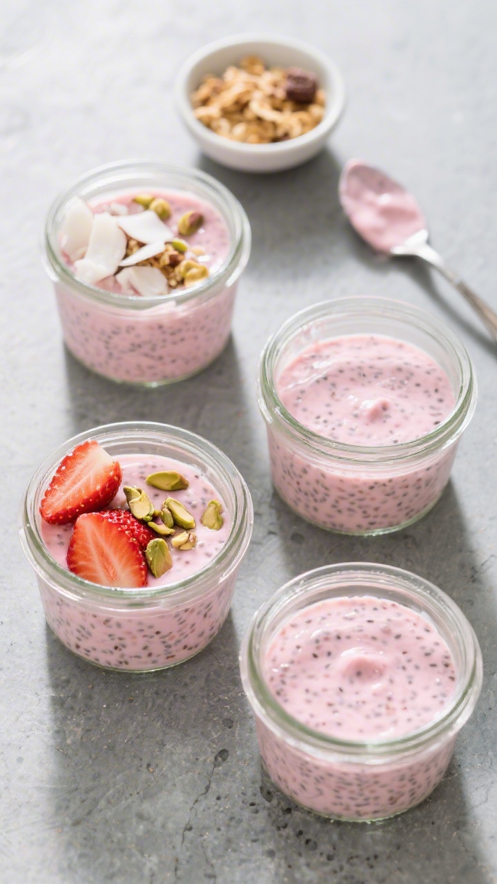 Overhead process shot of portioned Strawberry Chia Cups during meal prep: four clear jars on a cool 
