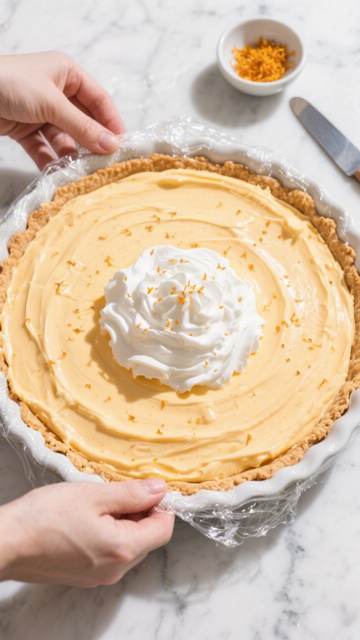 Overhead process shot of the pie just filled and smoothed in a 9-inch pie dish, airy orange-cream fi