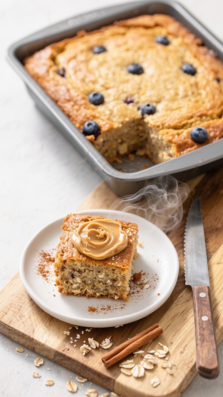 Overhead process-to-serve shot of a sliced 8x8 pan of banana bread protein baked oats, golden-brown 