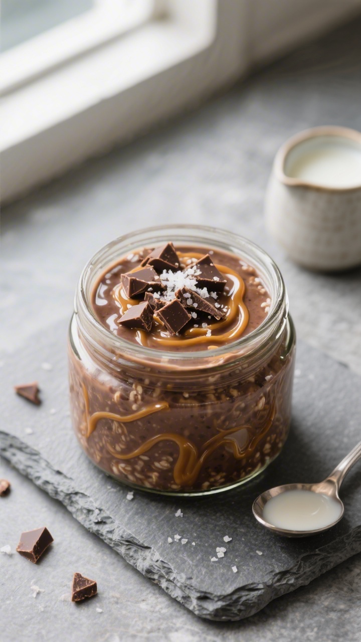Overhead shot of a chilled jar of Mars Bar Protein Overnight Oats just after an overnight rest, crea