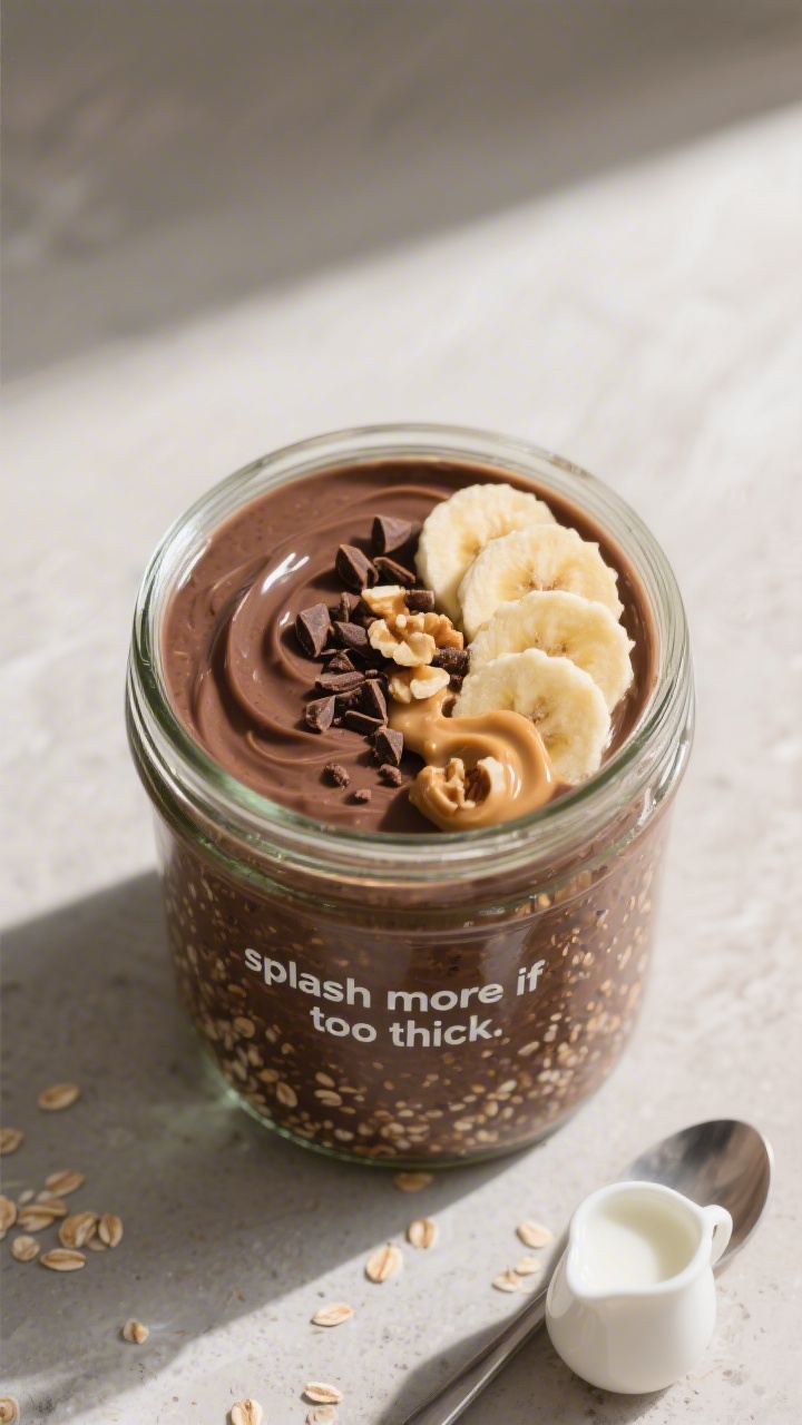Overhead shot of a chilled jar of Overnight Chocolate Protein Oats just after the morning stir, ultr