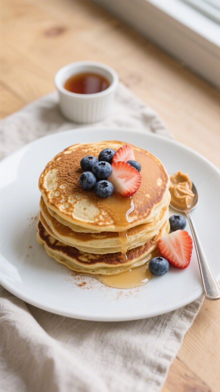 Overhead shot of a fluffy stack of high-protein, low-calorie pancakes on a matte white plate, golden