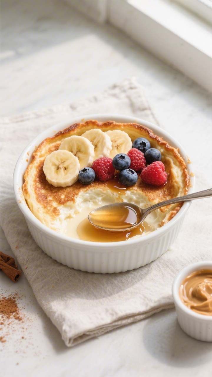 Overhead shot of a freshly baked High Protein Cottage Cheese Pancake Bowl in a white 18-ounce oven-s