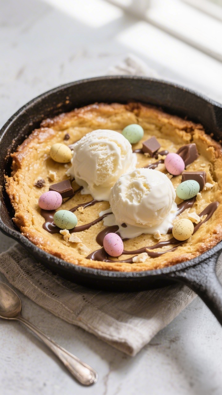 Overhead shot of a freshly baked Mini Egg Blondie Skillet in a 9-inch cast-iron pan, edges set and d