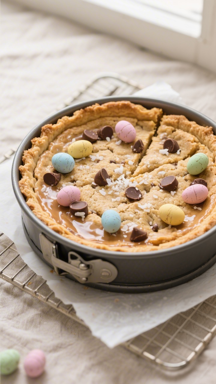 Overhead shot of a freshly baked Mini Egg Cookie Pie in a 9-inch springform pan, edges golden and ce