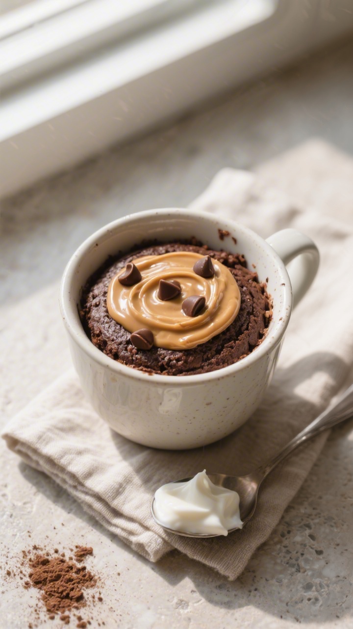 Overhead shot of a freshly microwaved chocolate protein mug cake in a 12-ounce ceramic mug, top just