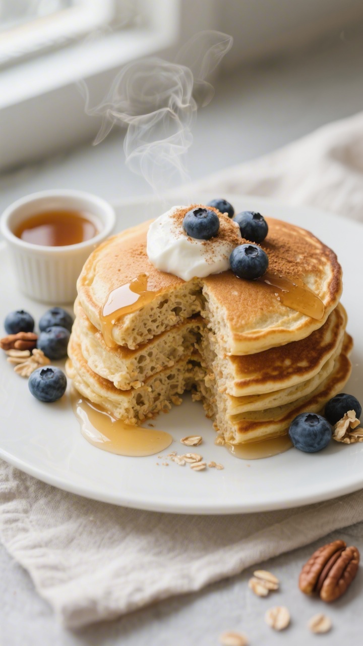Overhead shot of a golden stack of protein pancakes, steam gently rising, topped with a dollop of Gr
