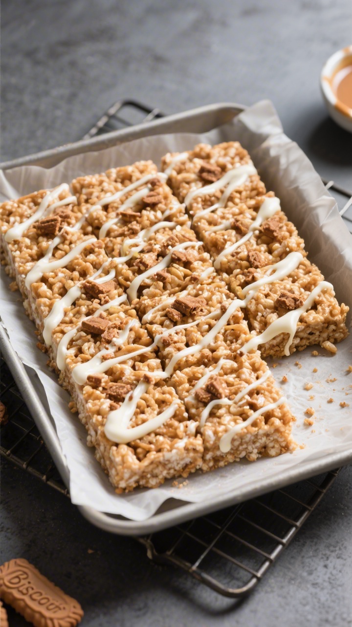 Overhead shot of a just-set 8x8 pan of Biscoff Protein Rice Krispie Squares on parchment with overha